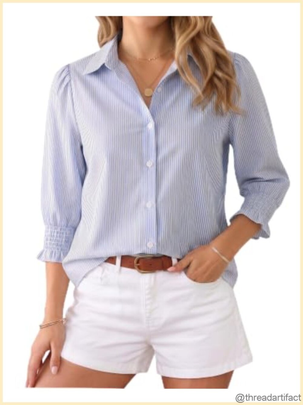 Women's Striped Button Down Shirt 3/4 Sleeve Smocked Cuff Business Casual Blouse